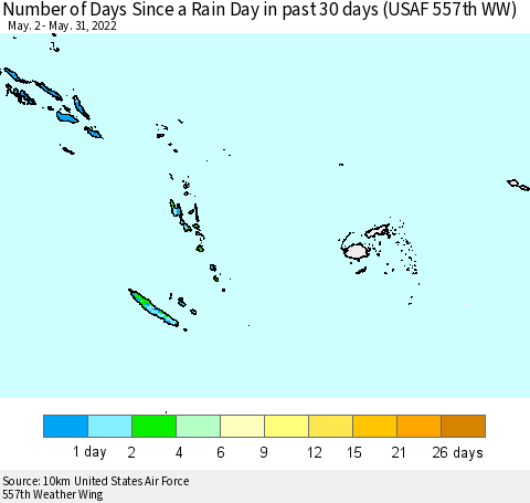 Fiji, Samoa, Solomon Isl. and Vanuatu Number of Days Since a Rain Day in past 30 days (USAF 557th WW) Thematic Map For 5/26/2022 - 5/31/2022