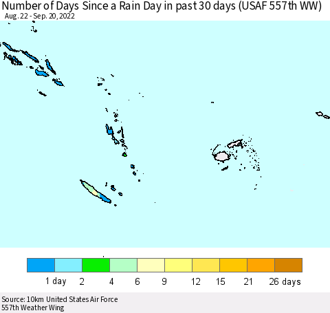 Fiji, Samoa, Solomon Isl. and Vanuatu Number of Days Since a Rain Day in past 30 days (USAF 557th WW) Thematic Map For 9/16/2022 - 9/20/2022