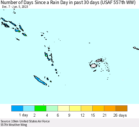Fiji, Samoa, Solomon Isl. and Vanuatu Number of Days Since a Rain Day in past 30 days (USAF 557th WW) Thematic Map For 1/1/2023 - 1/5/2023