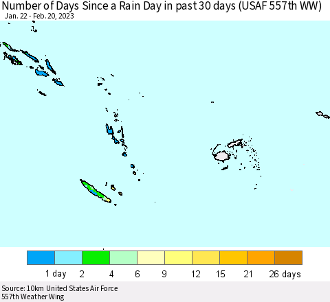 Fiji, Samoa, Solomon Isl. and Vanuatu Number of Days Since a Rain Day in past 30 days (USAF 557th WW) Thematic Map For 2/16/2023 - 2/20/2023