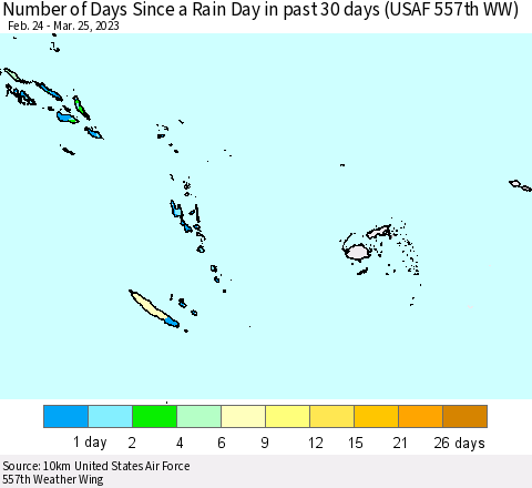 Fiji, Samoa, Solomon Isl. and Vanuatu Number of Days Since a Rain Day in past 30 days (USAF 557th WW) Thematic Map For 3/21/2023 - 3/25/2023