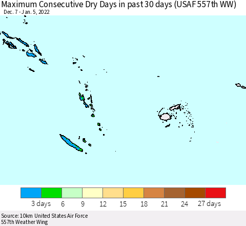 Fiji, Samoa, Solomon Isl. and Vanuatu Maximum Consecutive Dry Days in past 30 days (USAF 557th WW) 01/05/2022 Thematic Map For 1/1/2022 - 1/5/2022