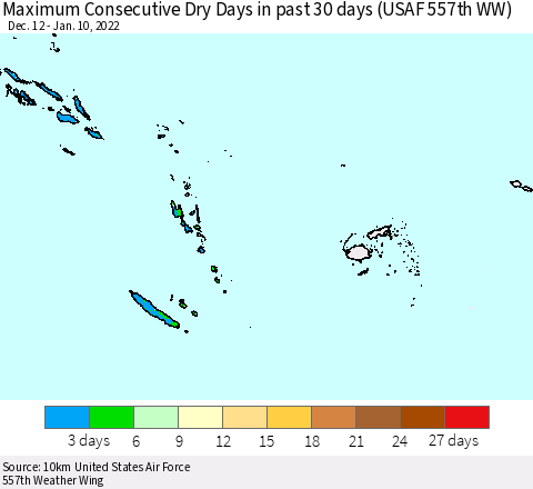 Fiji, Samoa, Solomon Isl. and Vanuatu Maximum Consecutive Dry Days in past 30 days (USAF 557th WW) 01/10/2022 Thematic Map For 1/6/2022 - 1/10/2022