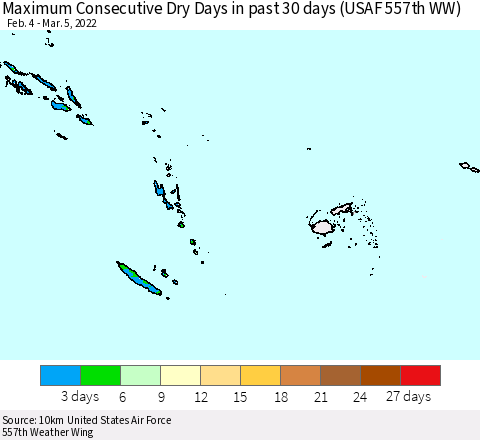 Fiji, Samoa, Solomon Isl. and Vanuatu Maximum Consecutive Dry Days in past 30 days (USAF 557th WW) 03/05/2022 Thematic Map For 3/1/2022 - 3/5/2022