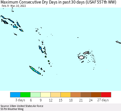 Fiji, Samoa, Solomon Isl. and Vanuatu Maximum Consecutive Dry Days in past 30 days (USAF 557th WW) 03/10/2022 Thematic Map For 3/6/2022 - 3/10/2022