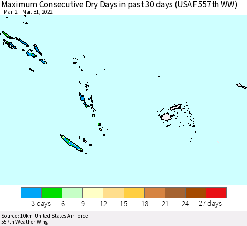 Fiji, Samoa, Solomon Isl. and Vanuatu Maximum Consecutive Dry Days in past 30 days (USAF 557th WW) 03/31/2022 Thematic Map For 3/26/2022 - 3/31/2022