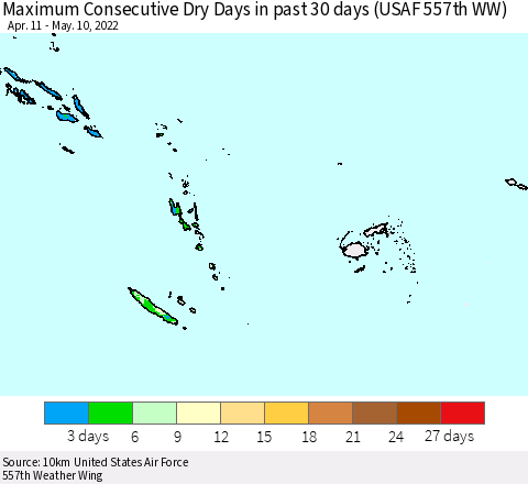 Fiji, Samoa, Solomon Isl. and Vanuatu Maximum Consecutive Dry Days in past 30 days (USAF 557th WW) 05/10/2022 Thematic Map For 5/6/2022 - 5/10/2022