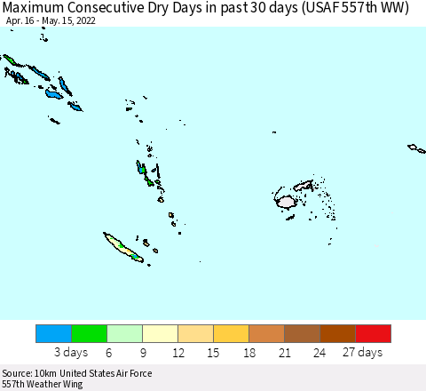 Fiji, Samoa, Solomon Isl. and Vanuatu Maximum Consecutive Dry Days in past 30 days (USAF 557th WW) 05/15/2022 Thematic Map For 5/11/2022 - 5/15/2022