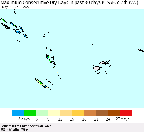 Fiji, Samoa, Solomon Isl. and Vanuatu Maximum Consecutive Dry Days in past 30 days (USAF 557th WW) 06/05/2022 Thematic Map For 6/1/2022 - 6/5/2022