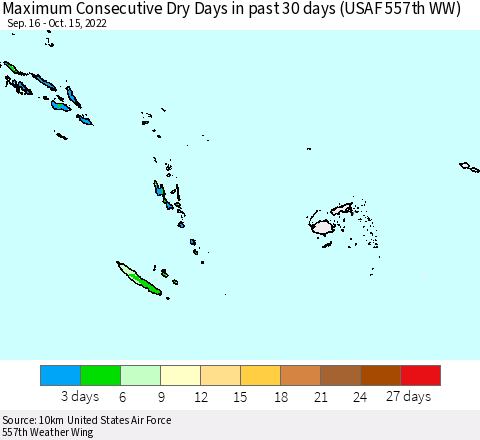Fiji, Samoa, Solomon Isl. and Vanuatu Maximum Consecutive Dry Days in past 30 days (USAF 557th WW) 10/15/2022 Thematic Map For 10/11/2022 - 10/15/2022