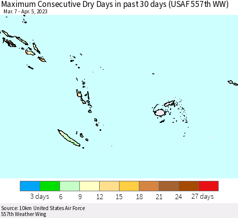 Fiji, Samoa, Solomon Isl. and Vanuatu Maximum Consecutive Dry Days in past 30 days (USAF 557th WW) 04/05/2023 Thematic Map For 4/1/2023 - 4/5/2023
