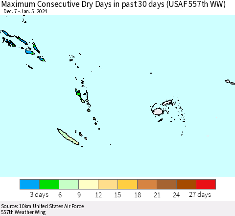 Fiji, Samoa, Solomon Isl. and Vanuatu Maximum Consecutive Dry Days in past 30 days (USAF 557th WW) 01/05/2024 Thematic Map For 1/1/2024 - 1/5/2024