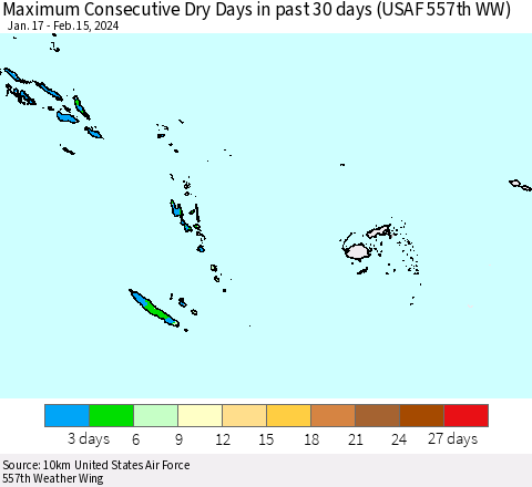 Fiji, Samoa, Solomon Isl. and Vanuatu Maximum Consecutive Dry Days in past 30 days (USAF 557th WW) 02/15/2024 Thematic Map For 2/11/2024 - 2/15/2024