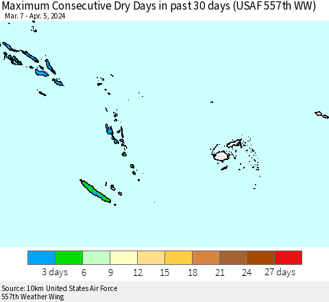 Fiji, Samoa, Solomon Isl. and Vanuatu Maximum Consecutive Dry Days in past 30 days (USAF 557th WW) 04/05/2024 Thematic Map For 4/1/2024 - 4/5/2024