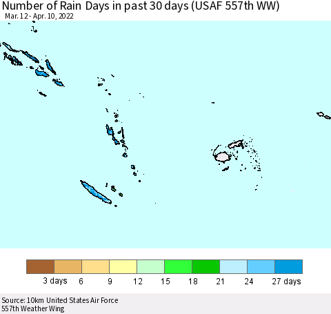 Fiji, Samoa, Solomon Isl. and Vanuatu Number of Rain Days in past 30 days (USAF 557th WW) 04/10/2022 Thematic Map For 4/6/2022 - 4/10/2022