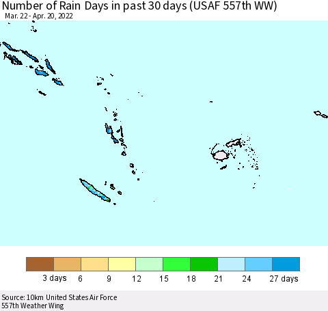 Fiji, Samoa, Solomon Isl. and Vanuatu Number of Rain Days in past 30 days (USAF 557th WW) 04/20/2022 Thematic Map For 4/16/2022 - 4/20/2022
