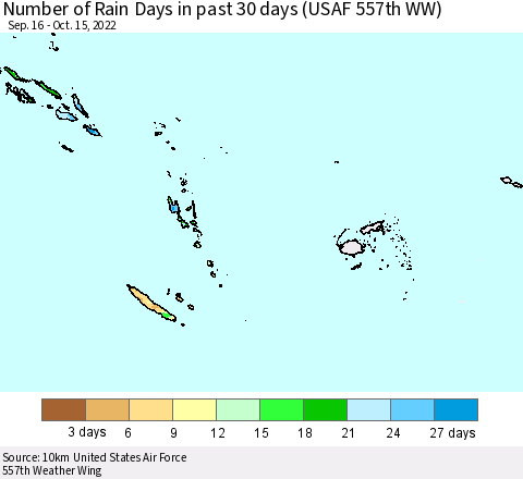 Fiji, Samoa, Solomon Isl. and Vanuatu Number of Rain Days in past 30 days (USAF 557th WW) 10/15/2022 Thematic Map For 10/11/2022 - 10/15/2022