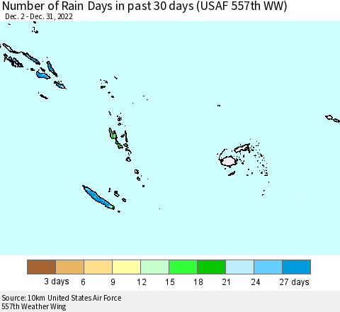 Fiji, Samoa, Solomon Isl. and Vanuatu Number of Rain Days in past 30 days (USAF 557th WW) 12/31/2022 Thematic Map For 12/26/2022 - 12/31/2022