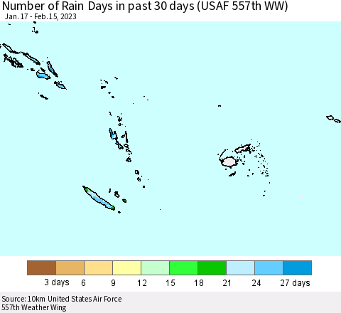 Fiji, Samoa, Solomon Isl. and Vanuatu Number of Rain Days in past 30 days (USAF 557th WW) 02/15/2023 Thematic Map For 2/11/2023 - 2/15/2023