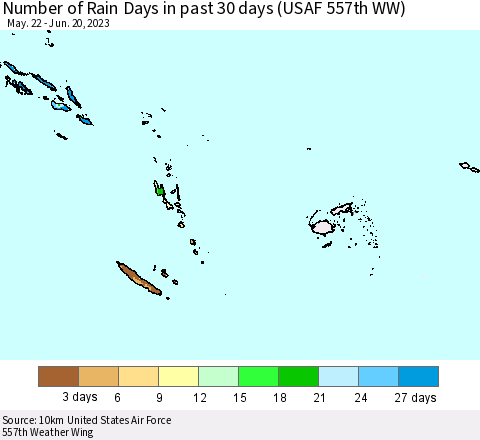 Fiji, Samoa, Solomon Isl. and Vanuatu Number of Rain Days in past 30 days (USAF 557th WW) Thematic Map For 6/16/2023 - 6/20/2023