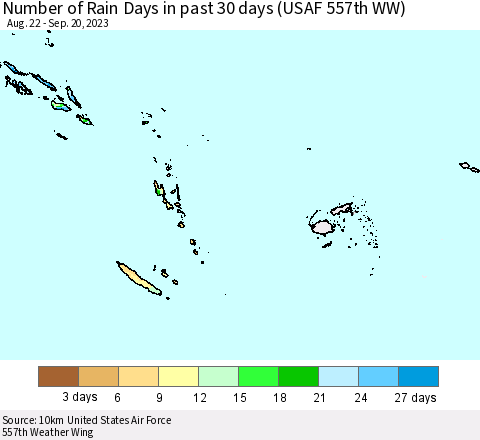 Fiji, Samoa, Solomon Isl. and Vanuatu Number of Rain Days in past 30 days (USAF 557th WW) Thematic Map For 9/16/2023 - 9/20/2023