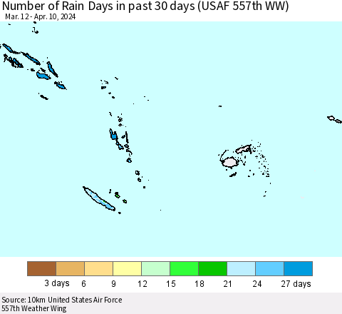 Fiji, Samoa, Solomon Isl. and Vanuatu Number of Rain Days in past 30 days (USAF 557th WW) 04/10/2024 Thematic Map For 4/6/2024 - 4/10/2024