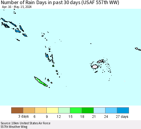 Fiji, Samoa, Solomon Isl. and Vanuatu Number of Rain Days in past 30 days (USAF 557th WW) 05/15/2024 Thematic Map For 5/11/2024 - 5/15/2024