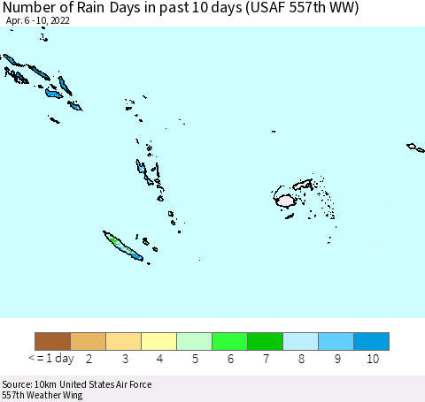 Fiji, Samoa, Solomon Isl. and Vanuatu Number of Rain Days in past 10 days (USAF 557th WW) Thematic Map For 4/6/2022 - 4/10/2022