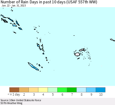 Fiji, Samoa, Solomon Isl. and Vanuatu Number of Rain Days in past 10 days (USAF 557th WW) Thematic Map For 1/26/2023 - 1/31/2023