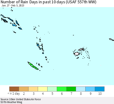 Fiji, Samoa, Solomon Isl. and Vanuatu Number of Rain Days in past 10 days (USAF 557th WW) Thematic Map For 2/1/2023 - 2/5/2023