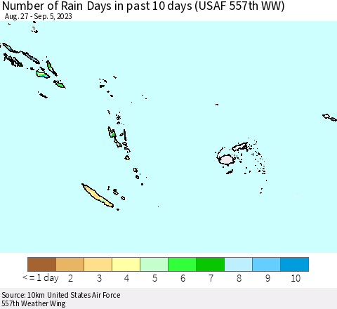 Fiji, Samoa, Solomon Isl. and Vanuatu Number of Rain Days in past 10 days (USAF 557th WW) Thematic Map For 9/1/2023 - 9/5/2023