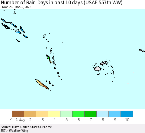 Fiji, Samoa, Solomon Isl. and Vanuatu Number of Rain Days in past 10 days (USAF 557th WW) Thematic Map For 12/1/2023 - 12/5/2023