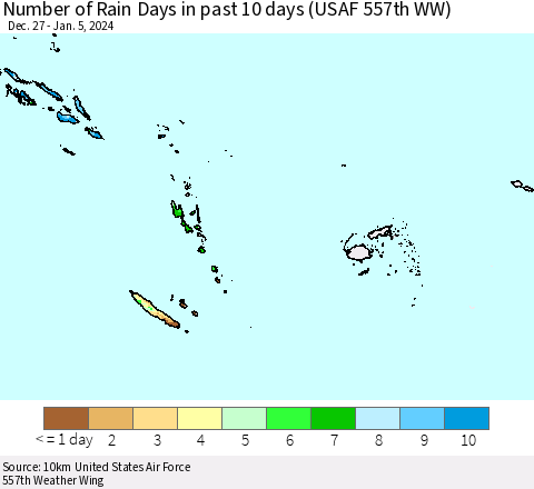 Fiji, Samoa, Solomon Isl. and Vanuatu Number of Rain Days in past 10 days (USAF 557th WW) Thematic Map For 1/1/2024 - 1/5/2024