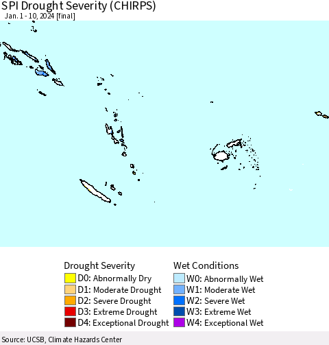 Fiji, Samoa, Solomon Isl. and Vanuatu SPI Drought Severity (CHIRPS) Thematic Map For 1/1/2024 - 1/10/2024