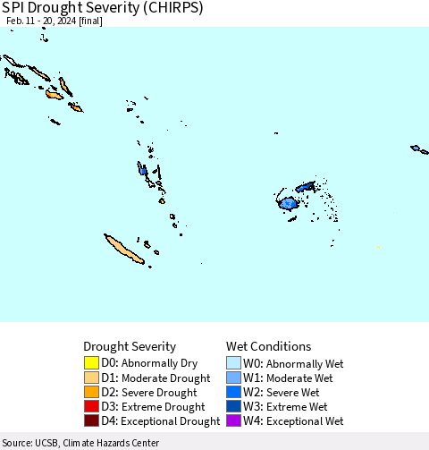 Fiji, Samoa, Solomon Isl. and Vanuatu SPI Drought Severity (CHIRPS) Thematic Map For 2/11/2024 - 2/20/2024