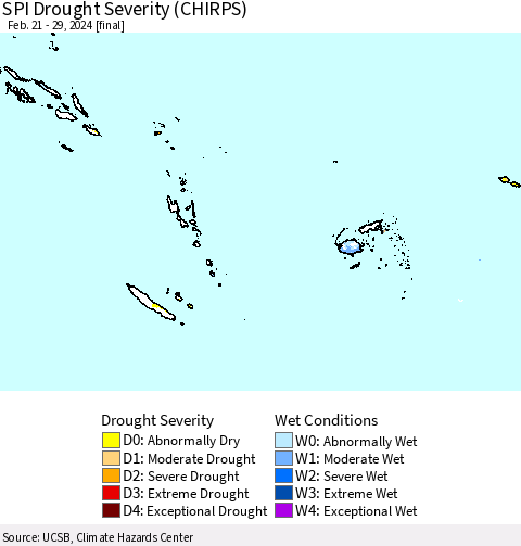 Fiji, Samoa, Solomon Isl. and Vanuatu SPI Drought Severity (CHIRPS) Thematic Map For 2/21/2024 - 2/29/2024