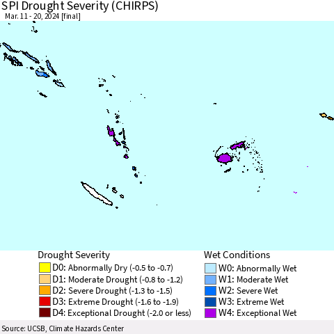 Fiji, Samoa, Solomon Isl. and Vanuatu SPI Drought Severity (CHIRPS) Thematic Map For 3/11/2024 - 3/20/2024