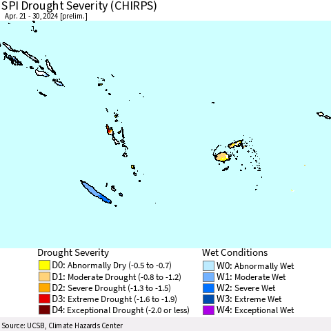 Fiji, Samoa, Solomon Isl. and Vanuatu SPI Drought Severity (CHIRPS) Thematic Map For 4/21/2024 - 4/30/2024