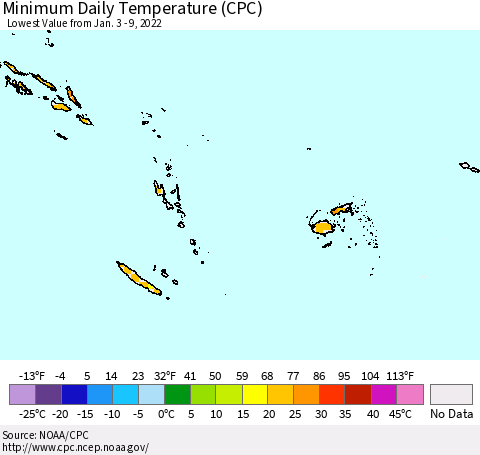 Fiji, Samoa, Solomon Isl. and Vanuatu Minimum Daily Temperature (CPC) Thematic Map For 1/3/2022 - 1/9/2022