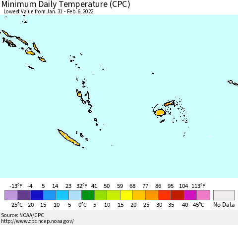 Fiji, Samoa, Solomon Isl. and Vanuatu Minimum Daily Temperature (CPC) Thematic Map For 1/31/2022 - 2/6/2022