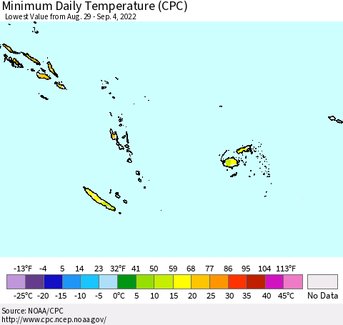Fiji, Samoa, Solomon Isl. and Vanuatu Minimum Daily Temperature (CPC) Thematic Map For 8/29/2022 - 9/4/2022