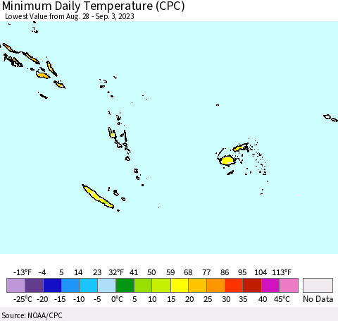 Fiji, Samoa, Solomon Isl. and Vanuatu Minimum Daily Temperature (CPC) Thematic Map For 8/28/2023 - 9/3/2023