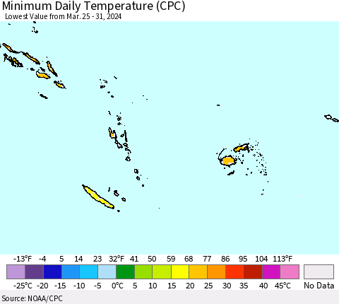 Fiji, Samoa, Solomon Isl. and Vanuatu Minimum Daily Temperature (CPC) Thematic Map For 3/25/2024 - 3/31/2024
