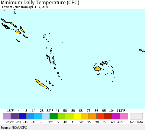 Fiji, Samoa, Solomon Isl. and Vanuatu Minimum Daily Temperature (CPC) Thematic Map For 4/1/2024 - 4/7/2024