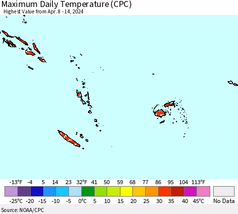Fiji, Samoa, Solomon Isl. and Vanuatu Maximum Daily Temperature (CPC) Thematic Map For 4/8/2024 - 4/14/2024