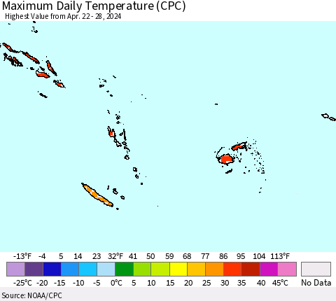 Fiji, Samoa, Solomon Isl. and Vanuatu Maximum Daily Temperature (CPC) Thematic Map For 4/22/2024 - 4/28/2024