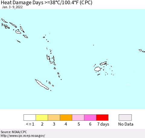 Fiji, Samoa, Solomon Isl. and Vanuatu Heat Damage Days >=38°C/100°F (CPC) Thematic Map For 1/3/2022 - 1/9/2022