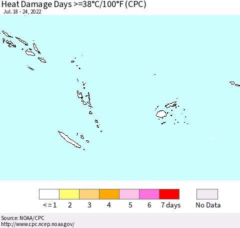 Fiji, Samoa, Solomon Isl. and Vanuatu Heat Damage Days >=38°C/100°F (CPC) Thematic Map For 7/18/2022 - 7/24/2022