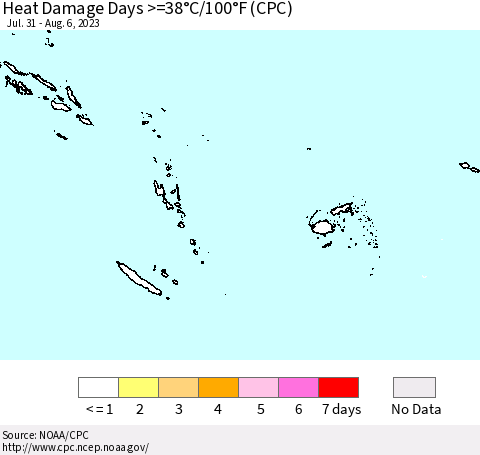 Fiji, Samoa, Solomon Isl. and Vanuatu Heat Damage Days >=38°C/100°F (CPC) Thematic Map For 7/31/2023 - 8/6/2023