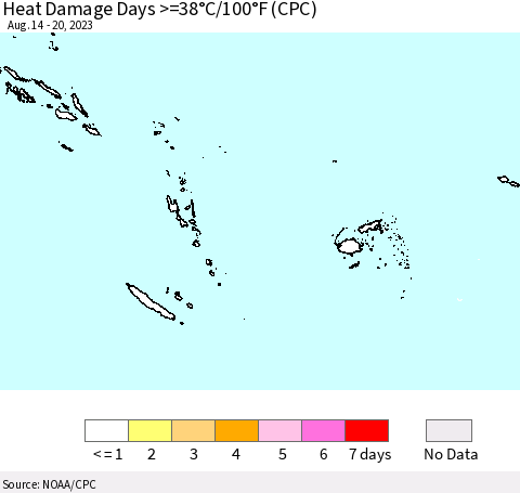 Fiji, Samoa, Solomon Isl. and Vanuatu Heat Damage Days >=38°C/100°F (CPC) Thematic Map For 8/14/2023 - 8/20/2023